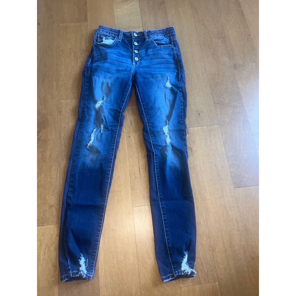 Kancan Womens High Rise Distressed Skinny Jeans Dark Wash Butterfly Fly 9 28